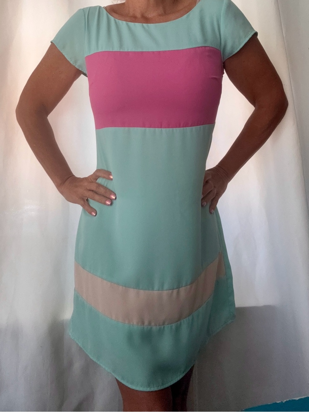 Skies Are Blue Mint and Pink Colorblock Cap Sleeve Mini Dress
